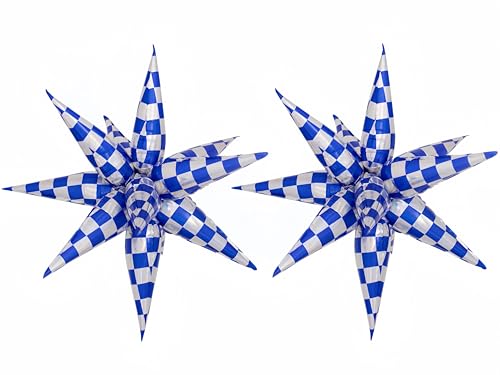 2 * 12 Pcs Blue Silver Iridescent Checkered Star Foil Balloons/Race Car Party/Talla*dega Nights 1st Birthday/Outer Space Galaxy Theme/Las Vegas Casino Bar Party/Father's Day(2Pcs Blue laser)