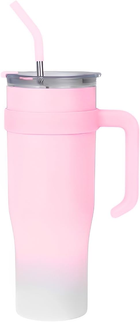 Copo Caneca Térmica de Inox à Vácuo Com Alça e Canudo 1200ml (Copo Virgínia) (Rosa Degradê)