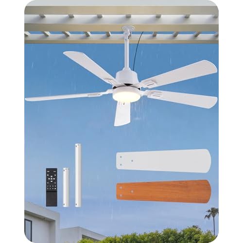 EDISHINE 42" Outdoor Ceiling Fan with Light, IP66 Waterproof Gazebo Hanging Fan, 4800 CFM, 3CCT, APP/Remote Control, 5 Wood Blade, 6-Speed Winds, Plug in Ceiling Fans for Patios Porch Pergol