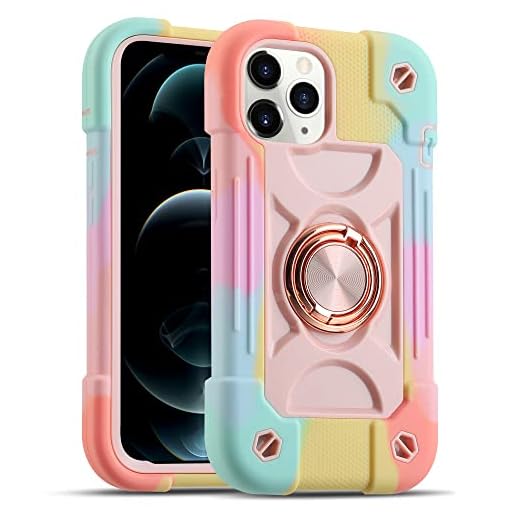 MARKILL Compatible with iPhone 12/12 Pro Case 6.1 Inch with 360 Degree Rotate Ring Stand, Military Grade Drop Protection Rugged Heavy Duty Case 3 in 1 Protective Durable Cover (Rainbow Pink)
