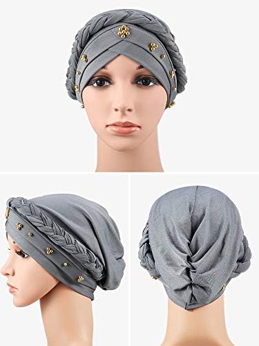 4 Pieces African Women Turban Cap Beaded Headscarf Beanie Twisted Braid Wrap Hat Faux Pearl Headwrap