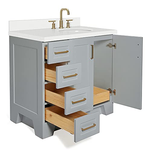 Ariel 37" Inch Gray Bathroom Vanity W/ 1.5" Thick Edge Pure White Quartz Countertop W/Back & Sidesplash | Right Offset| Oval Sink | 2 Soft-Closing Doors 5 Full Extension Dovetail Drawers | No Mirror #TOP2