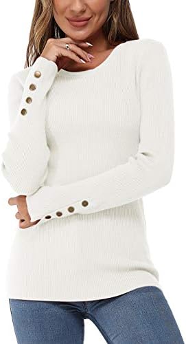 Newshows Women's Solid Long Sleeve Knit Crew Neck Button Stretch Sweater Fall Fashion 2023(White,Medium)