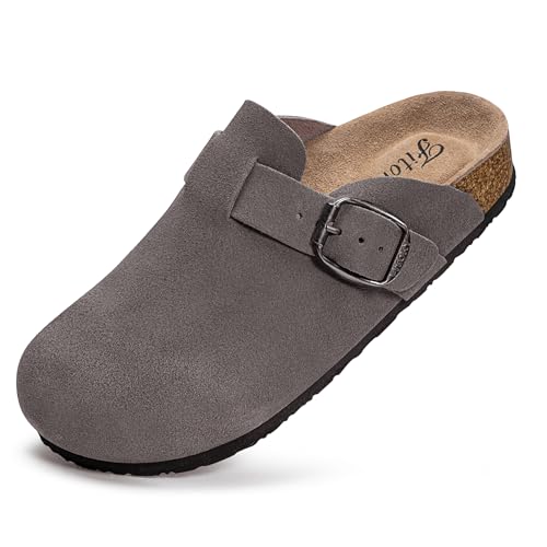 Image of FITORY Womens Clogs Slip-on Potato Shoes Leather Mules Suede Cork Footbed | Comfortable Adjustable Buckles Non-Slip Outsole Casual for Fall Outdoor Walking
