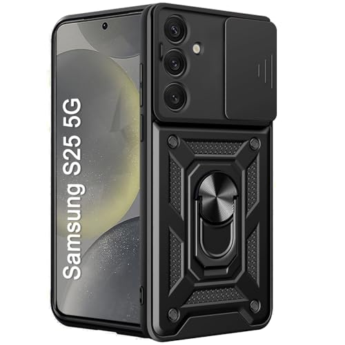 Image of TheGiftKart Tough Armor Bumper Back Cover Case for Samsung Galaxy S25 5G | Sliding Camera Cover, Kickstand & Ring Holder | 360 Degree Protection Back Cover Case for Samsung S25 5G (PC & TPU, Black)