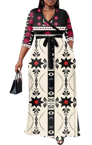 Image of Nmoder Plus Size Maxi Dress for Women - Summer Casual 3 /4 Sleeve Floral Flowy Long Dress with Belt XL- 6XL