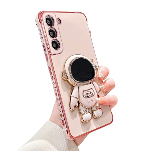 phylla Phone Case for Samsung Galaxy S21 6.2”Luxury Plating Cute Astronaut Stand Holder Case with Cute Love Heart Side Small Pattern Soft Silicone Shockproof Kickstand Cover Bumper (Pink)