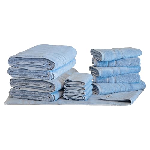 Mosobam 14 Piece Luxury Turkish Bath Towel and Mat Bundle, Allure Blue