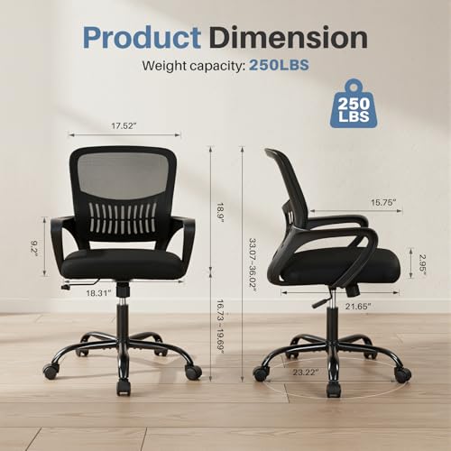 Image of DUMOS Home Office Computer Chair - Ergonomic Mid Back Desk with Lumbar Support and Rocking Mode, Height Adjustable with Fixed Armrest, for Conference Meeting Room, 360 Swivel, Adults, Black