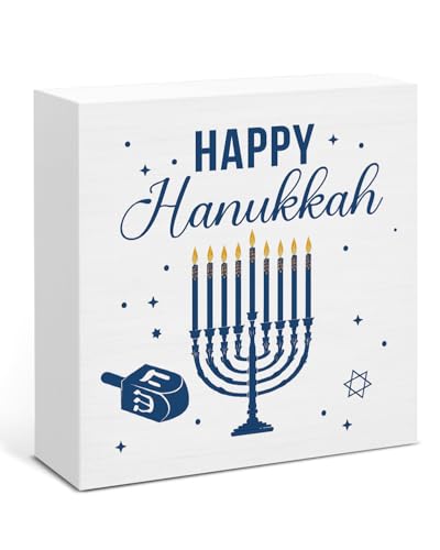 Image of Hanukkah Decor, Happy Hanukkah Wood Box Sign, Jewish Home Office Decorations for Desk Table Shelf 5 X 5 Inches