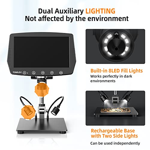 TOMLOV DM04 9" LCD Digital Microscope 1200X, 16MP Measurement & Coin Microscope with 10" Long Stand, Rechargeable Light, Touch Button, 1080P Soldering Microscope, Windows/Mac OS Compatible