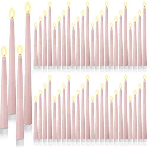 Image of Rossesay 48 Pcs Flameless LED Taper Candles Battery Operated Candles 4 Sizes of 8.5'', 9.65'', 10.83'', 12.8'' Flameless Candlesticks Flickering for Halloween Christmas Church Wedding(Dusty Pink)
