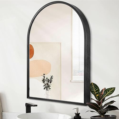 Image of Arch Wall Mirror 28 inchx20 inch Large Black Bathroom Mirror Metal Frame Mirrors for Wall, Decoration Vanity Bedroom Entryway Living Room