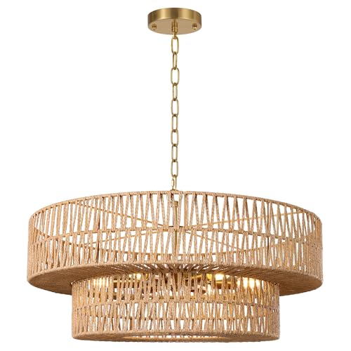 Caiselee 26 Inch Boho Rattan Chandelier, 6-Lights Hand Woven Bohemian Chandeliers with 2-Tier Drum Wicker Shade, Modern Farmhouse Large Pendant Light Fixture for Dining Room Living Entryway Bedroom by Caiselee - Image 9