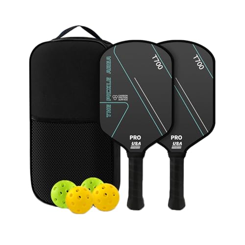 Newsones ピックルボール パドル セット カーボンファイバー T700 軽量 ラケット2本 ボール4個 収納バッグ付き ブラック＆ダスクブルーの画像