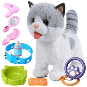OR OR TU Walking Toy Cat with Remote Control Leash, Plush Cat Electronic Interactive Toys for Kids, Shake Tail, Licking, Pretend Dress Up Realistic Stuffed Animal Cat Age 3 4 5 6+ Years Old Best Gift