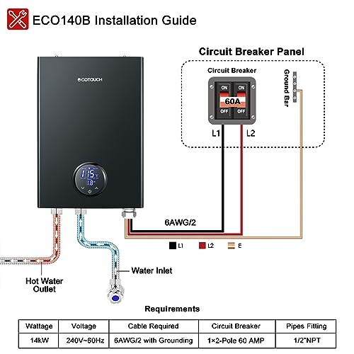 Electric Tankless Water Heater, ECOTOUCH 14kW Instant Hot Water Heater on Demand 240V Point of Use Hot Water Heater ETL Certificated Self-Modulation ECO140B Black