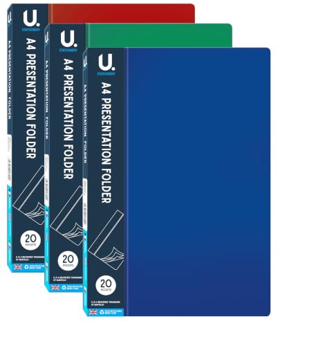 Image of U. A4 Presentation Display Books – Pack of 3 | 20 Pocket Display Folders | Assorted Colours | Plastic Document Folders for School, Office & Home