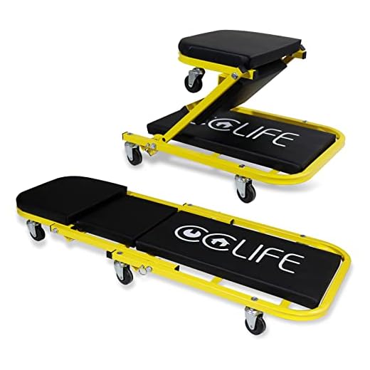 CCLIFE 2 en 1 Chariot de visite Pliable Tabouret d'atelier pour Voiture avec 6 Roues 360° Max.150kg