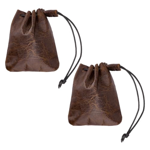 Beebeecraft 2Pcs 4.7x3.9 Inch Leather Drawstring Pouches Coconut Brown Cowhide Leather Small Vintage Coin Purses Money Dice Change Bags Wallets Jewellery Storage for Mens Women Earphone Gift