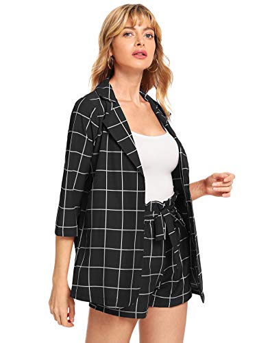 Shein Women's 2 Pieces Outfits Plaid 3/4 Sleeve Blazers And Tie Waist Shorts Set Black X-Large #TOP6