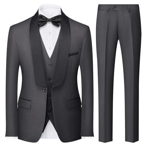 KUDORO Anzüge Herren Anzüge Slim Fit 3 Teilig Hochzeit Herrenanzüge 3-Teilig Eine Knöpfe für Ball Herrenanzug Sakko Weste Hose(Dunkelgrau XXL)