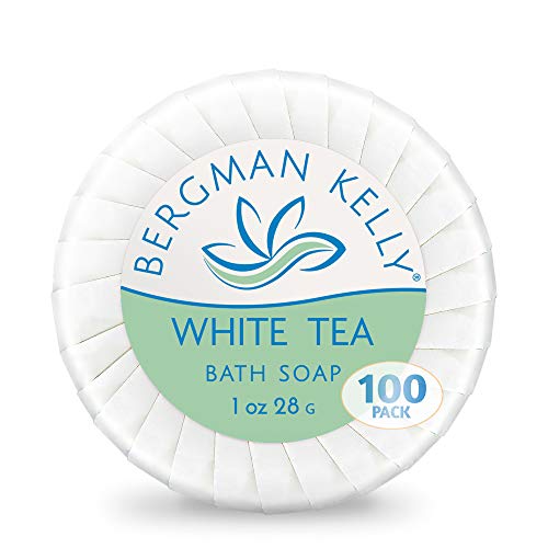 BERGMAN KELLY Sanitary Soap Bars (White Tea, 1 oz, 100PK), Travel Size Luxury Bulk Hotel Bar Soap, Mini Individually Wrapped Round Soap, Hotel Toiletries for Airbnb, Motel, Guest Bathroom
