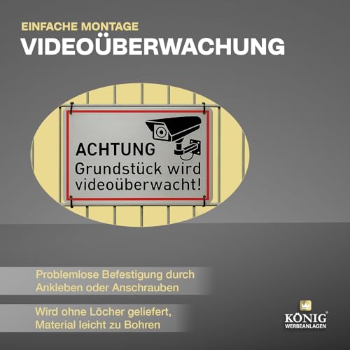 Großes Schild Achtung Grundstück wird videoüberwacht! | Alu 42 x 30 cm | stabiles Alu Schild mit UV-Schutz | silber gebürstet edle Optik | Videoüberwachung Kameraüberwachung Kameraüberwacht | Dreifke®
