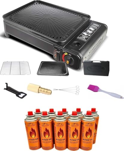 SMH LINE® 2-in-1 Camping Gasgrill Set Campinggrill inkl. 4x Gaskartusche 227g Balkon-Grill Tischgrill Campingkocher Tragbarer Koffer Gas BBQ inkl. Zubehör Grillgitter Grillpfannenclip Kassettengrill