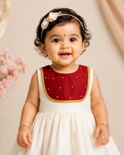 Image of Stanwells Kids Dress for Girls Embroidery Knee Length Traditional Applique Kerala Ethnic Frock for Baby Girls Zipper Beautiful Sleeveless Birthday Dress for Girls Cream & Green (4 Months-7 Years)