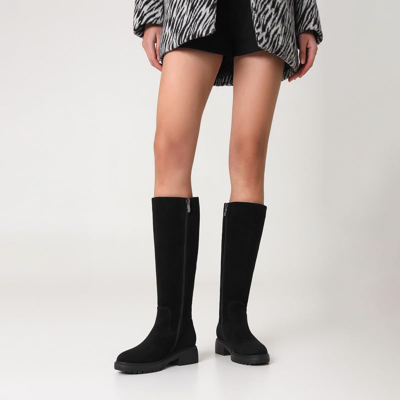 Image of ZJA Knee High Boots Women Platform Round Toe Low Flat Heel Fall Riding Fashion Tall Boots Long Clearance Boots