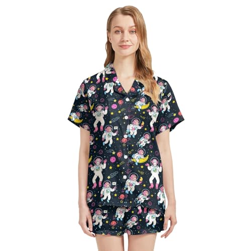 Image of Silk Satin Pajama Set for Women Summer Lounge Pjs Sets 2 Piece Suit Ladies Button Down Tops And Shorts Sleepwear