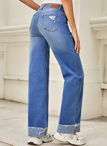 Sidefeel Women's Wide Leg Jeans High Waisted Stretchy Distressed Straight Leg Folded Hem Loose Denim Pants Blue Size 14 — view 2