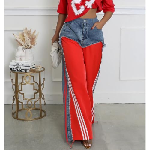 Womens Straight Leg Jeans High Waist Patchwork Stripes Loose Denim Pants Color Block Baggy Jeans2