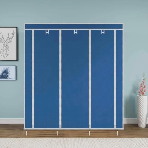 Image of Collapsible Wardrobe Closet for Clothes Storage, 8 Shelf Portable Fabric Almirah, Foldable Clothes Organizer with Plastic Frame, Space Saving Cupboard for Bedroom (Blue)