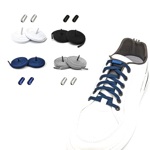 SZWLJ Lacci elastici con capsule in metallo, lacci senza legatura, lacci in gomma regolabili, senza lacci, 4 paia-nero+bianco+grigio+blu marino, Einheitsgröße