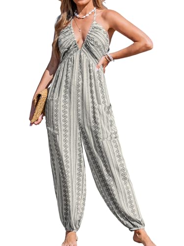 CUPSHE Women's Plunge Halter Sleeveless Pleated Long Romper Knit Jogger Maxi Jumpsuit with Pockets