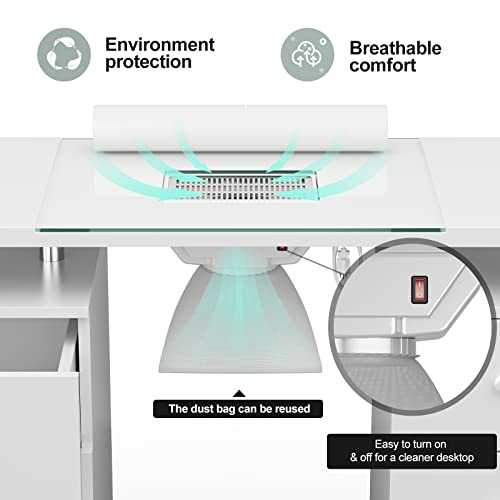 Paddie Manicure Table, Glass Top Nail Makeup Desk Nail Table Station For Nail Tech W/ Electric Downdraft Vent, Wrist Cushion, Lockable Wheels, Storage Drawers, Wooden Handles (White) #TOP3