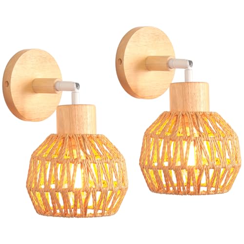 iDEGU Lot de 2 Applique Murale Rétro, 15CM Vintage Lampe Murale Interieur en Rotin Bois Luminaire Abat-jour Design Boule Réglable Plafonnier Éclairage Mural...