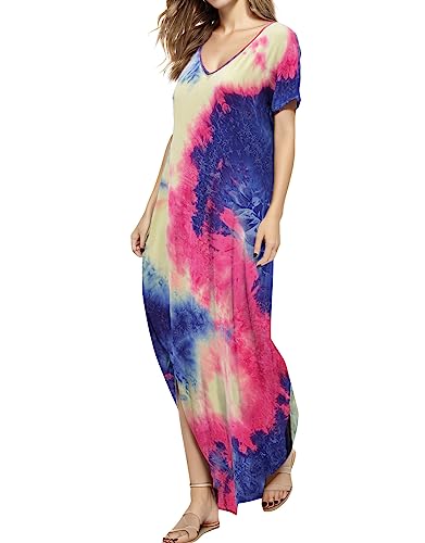 Image of Match Women's V-Neck Casual Loose Short Sleeve Long T-Shirt Dress Split Maxi Dress with Side Pocket