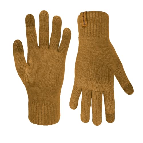 Timberland Men’s Rib Knit Gloves - Suede Clip, Soft Stretch Winter Handwear, Warm Lining, Touchscreen Ready Fingertips, Wheat, One Size