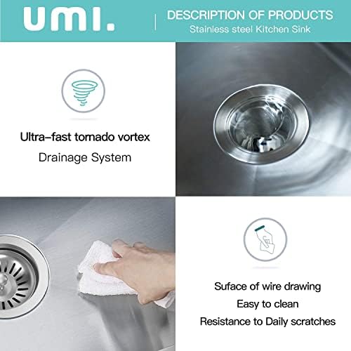 UMI 60CM*44CM Single Bowl Kitchen Sink 18 Gauge Undermount Stainless Steel Kitchen Sink, Bar or Prep Kitchen Sink
