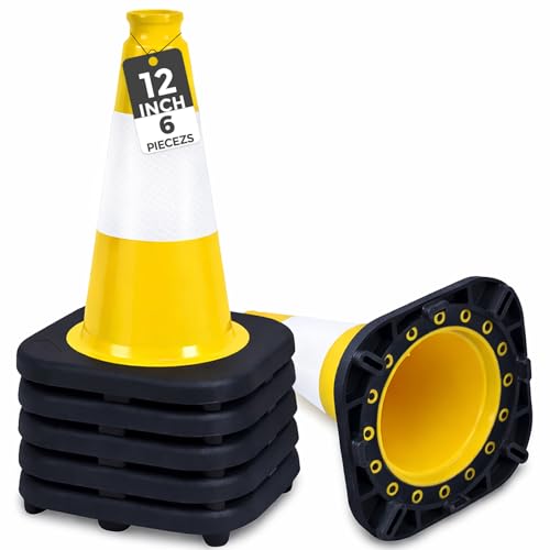 Image of BESEA 6 Pack 12 Inch Yellow Traffic Cones with Wide Stable Base