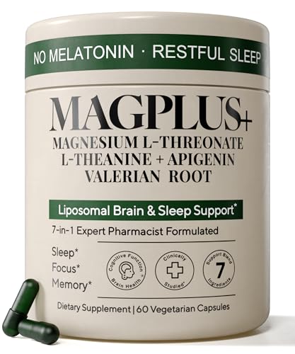 Magnesium L-Threonate with Apigenin, Valerian Root & L-Theanine – No Melatonin Restful Sleep & Brain Supplement – Clinically Studied 7-Ingredient Formula – Memory & Focus – 60 Capsules
