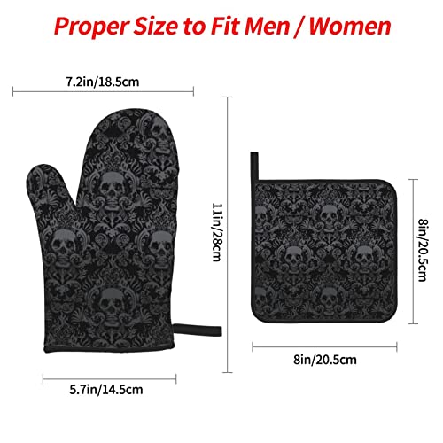 Donmyer Gothic Skull Flower Black Oven Mitts And Pot Holders Sets Of 4 High Heat Resistant With Gloves Hot Pads Potholders For Kitchen Cooking Non-Slip Mitts, 7.2X11In+8X8In #TOP3