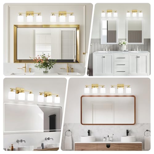 Image of 3 Light Gold Bathroom Light Fixtures, Modern Bathroom Vanity Lights with Milky White Frosted Glass Shades, Gold Vanity Mirror with Lights for Mirror Living Room E26 Base