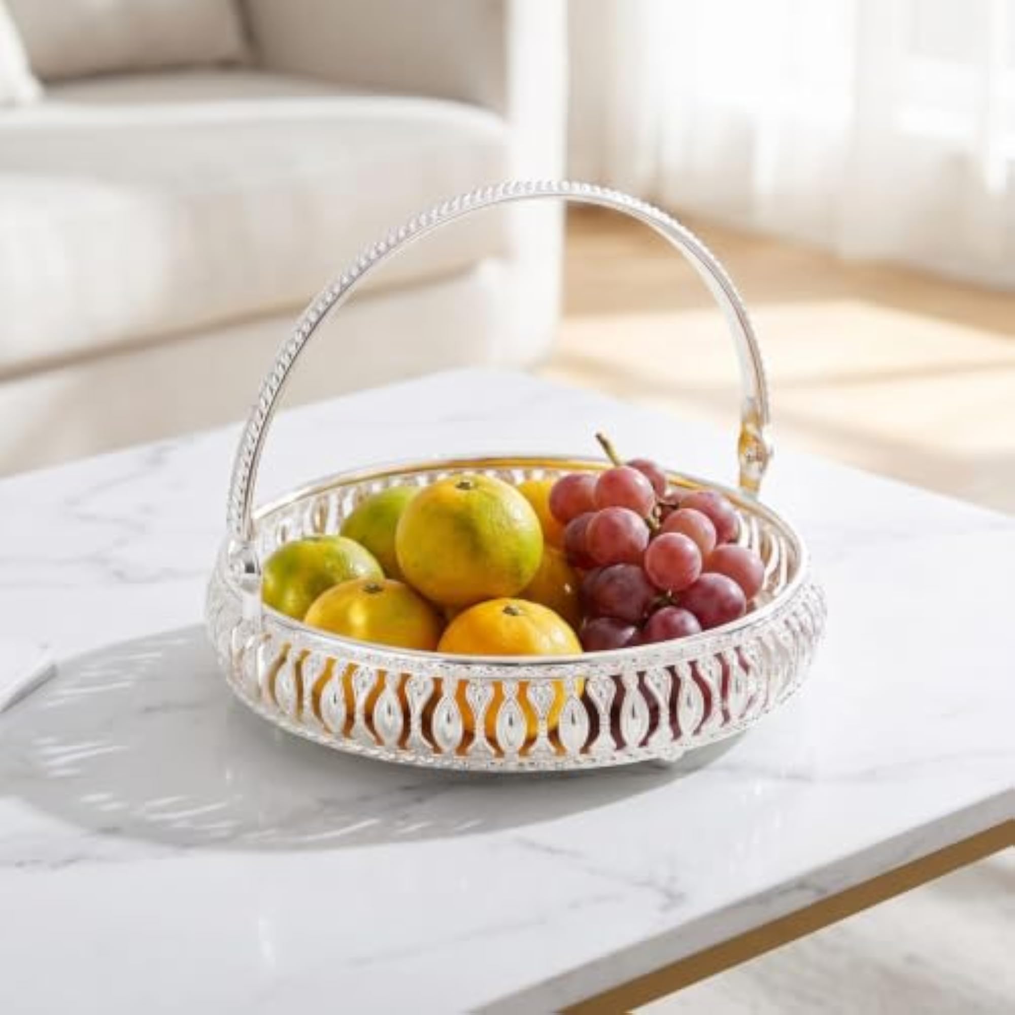 Silver-Finished Metal Serving Basket with Handle, Decorative