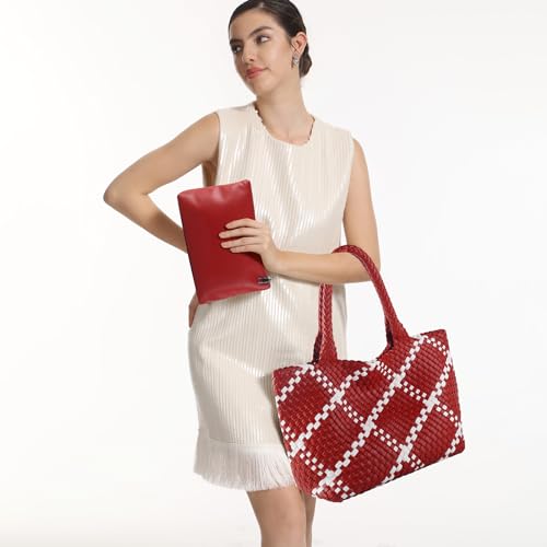 Image of Woven Tote Bag Womens Purse Vegan Leather Shoulder Handbags Fashion Summer Beach Tote Bags Large Travel Totes