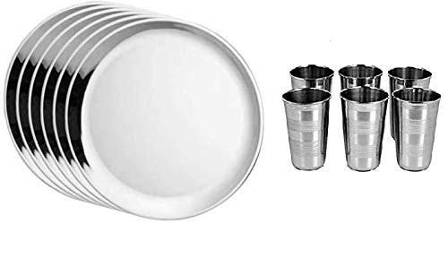 Royal Aakriti A R International Presents Stainless Steel Combo 6 Pcs Dinner Plate and 6 Pcs Glass