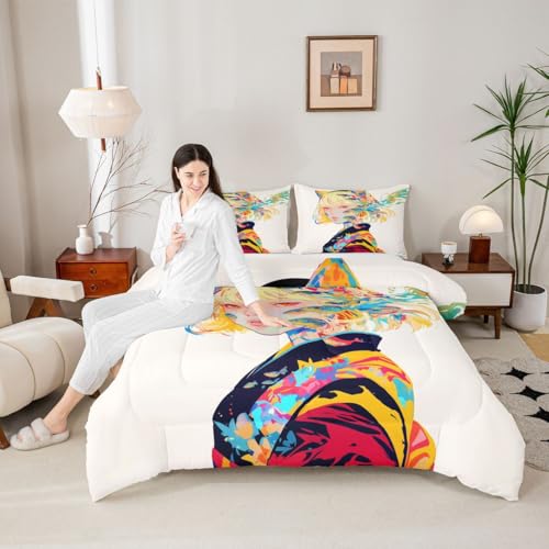 Image of Erosebridal 3D Bedding Comforter Sets - Japanese Girl Style Full for Cartoon Fans - Kawaii Design Pattern Duvet Insert with 2 Pillow Cases